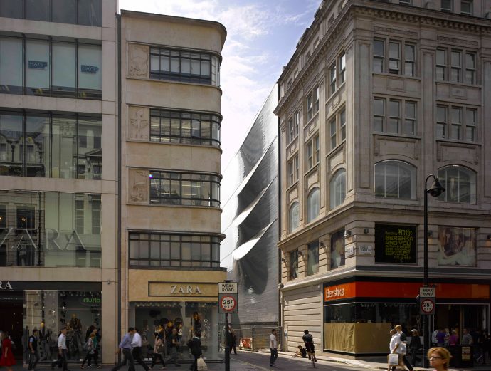 The sinuous, silver exterior of AL_A's 10 Hills Place, off Oxford Street in London. Photo by Edmund Sumner.