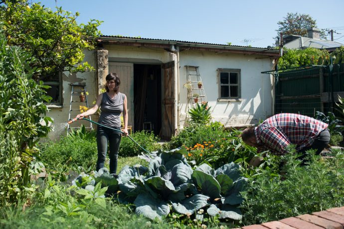 Grafa co-founders, partners Harriet Devlin and Travis Blandford tend to their lush backyard vegie patch and garden – in the background the door of the former Grafa studio space swings open. Photo by Fred Kroh. 