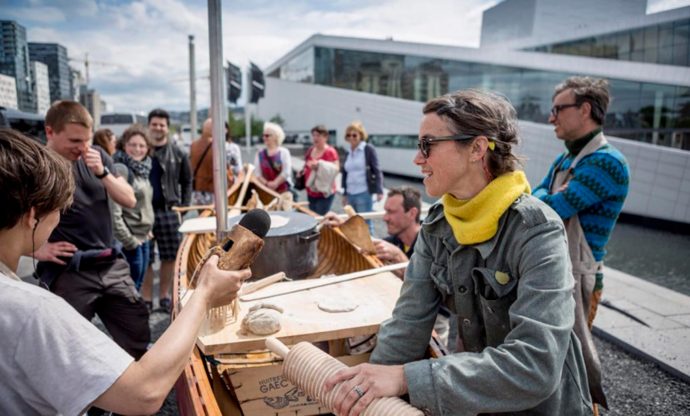 Amy Franceschini of Futurefarmers in Bjørvika, Oslo. For Franceschini, Flatbread Society used baking and urban food production to provide a "visible and sensual connection to the material world that feeds us". Photo courtesy of Situations.