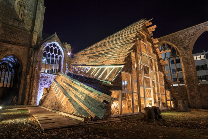 Inner sanctuary: made from salvaged materials, the Sanctum structure housed a 24-hour-a-day public program over24 days. Photo courtesy of Situations.