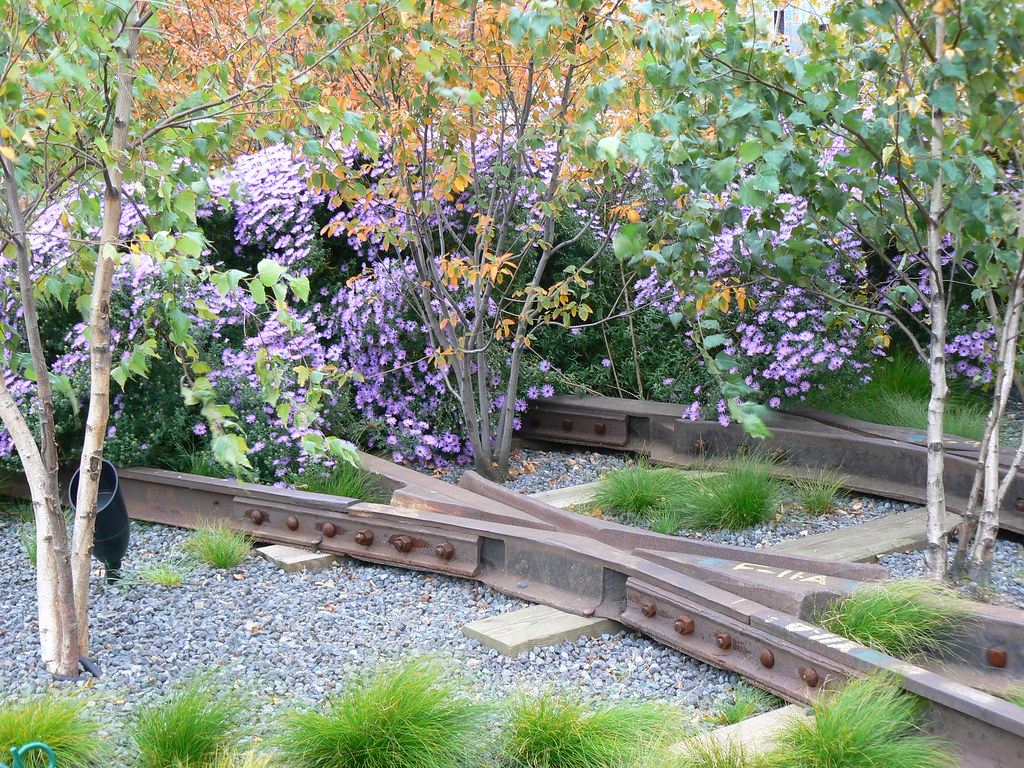 Purple flowers peek through the cracks on New York's Highline