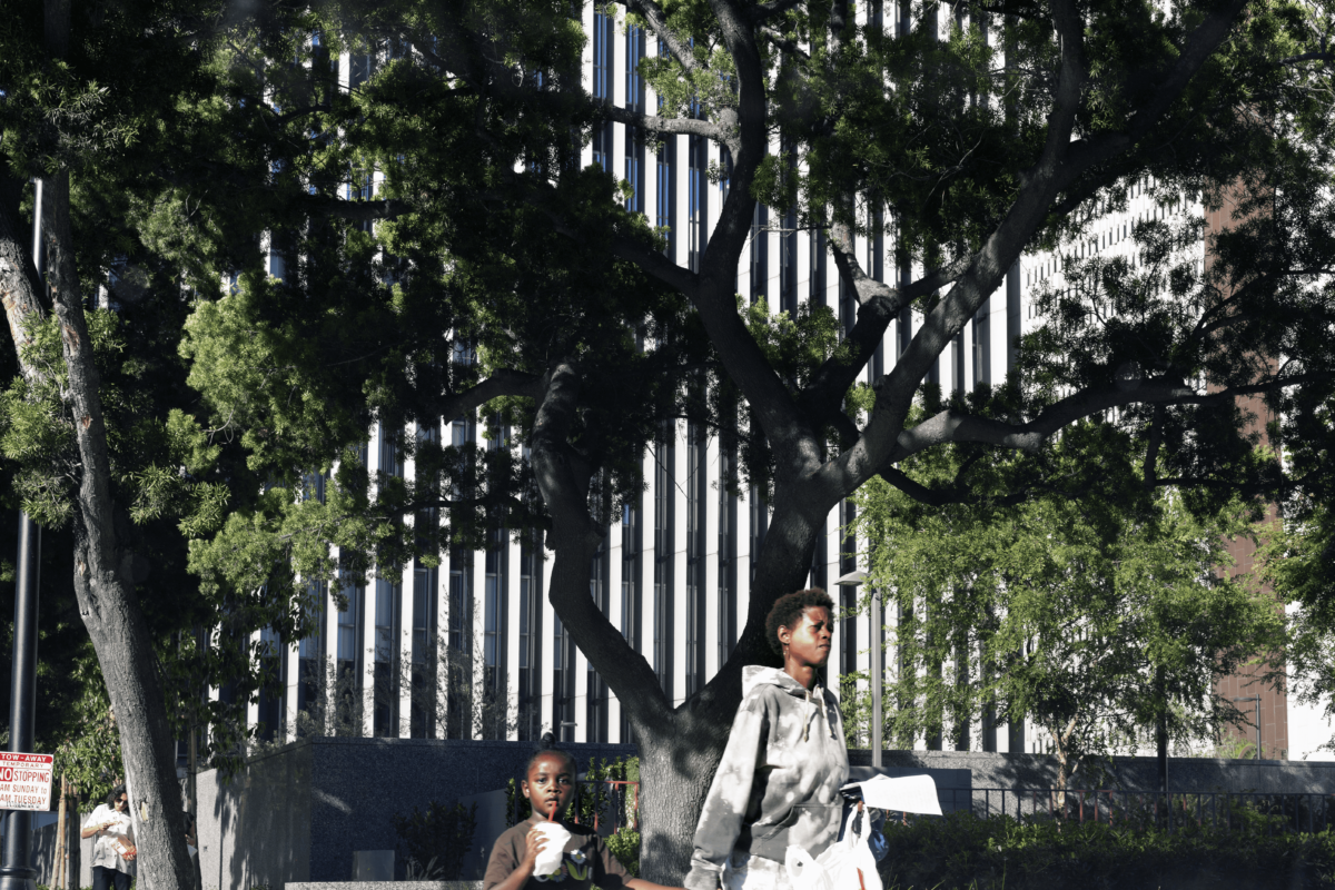 A mother holds her daughter's hand as they walk under a tree shading them from the sun. Behind them are the louvers of the Los Angeles County Hall of Records